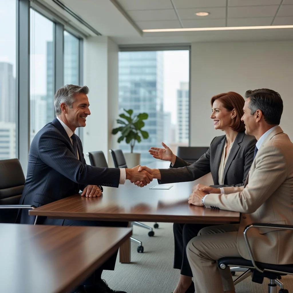 A photorealistic image symbolizing mediation and agreement resolution in a legal context, featuring two professionals in a modern office shaking hands across a table, with a neutral mediator facilitating, conveying harmony and resolution without showing any documents.