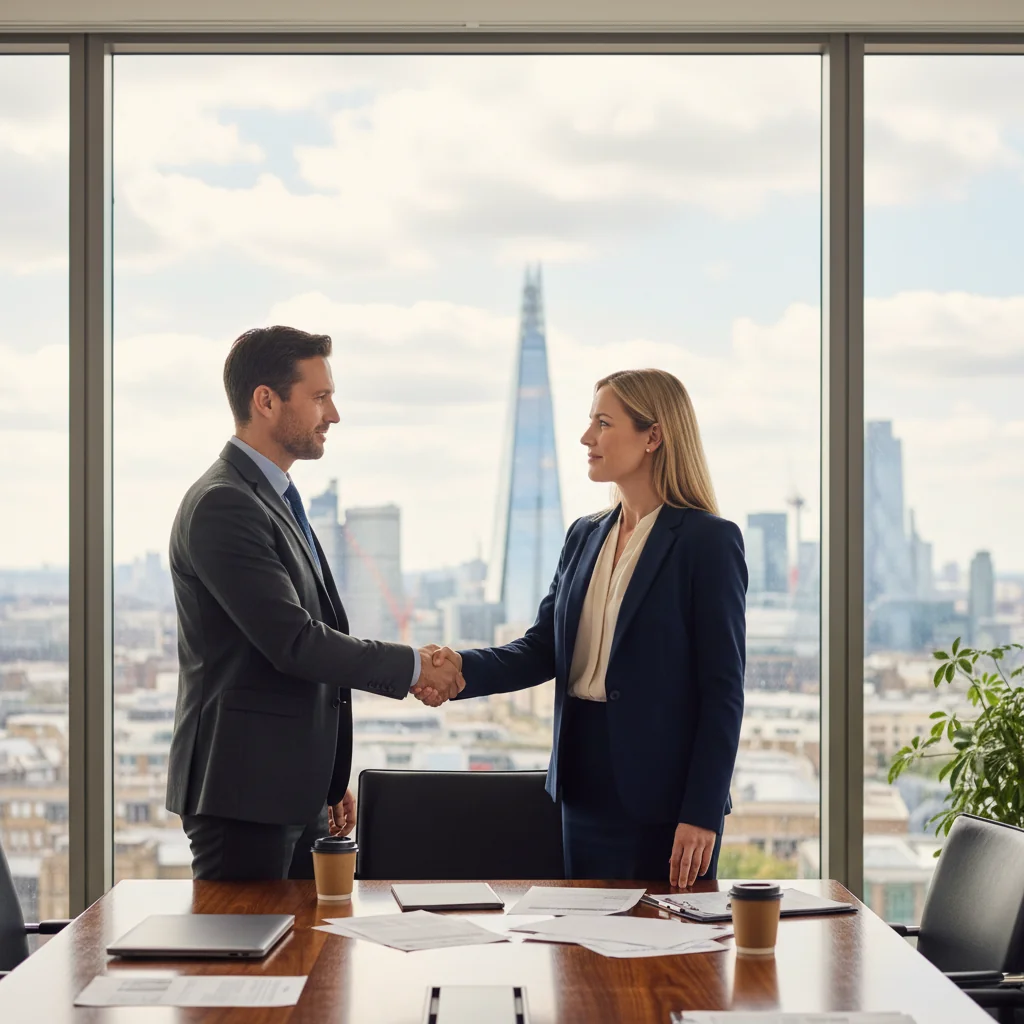 A photorealistic image of two professional adults, a man and a woman in business attire, shaking hands across a conference table in a modern office setting, symbolizing a successful mediation agreement resolution. The atmosphere is calm and positive, with natural light coming through large windows, no legal documents visible, and no children present.