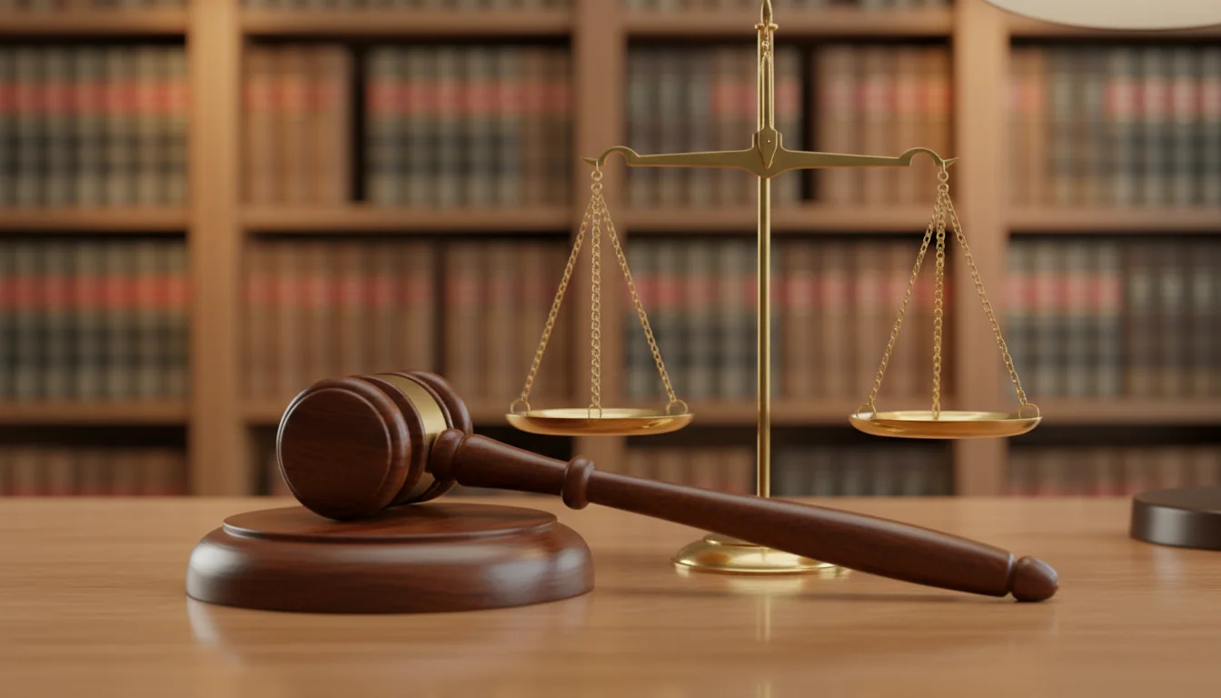 Gavel and balanced scales on desk