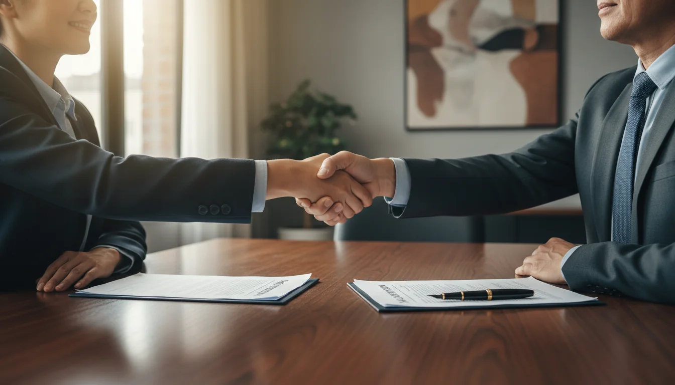 Two adults shaking hands at mediation table