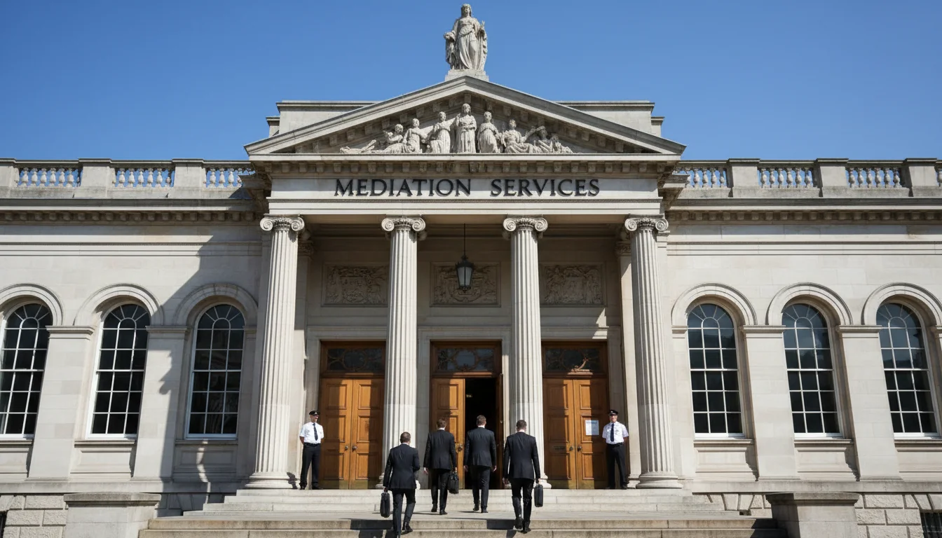 UK courtroom exterior with mediation sign