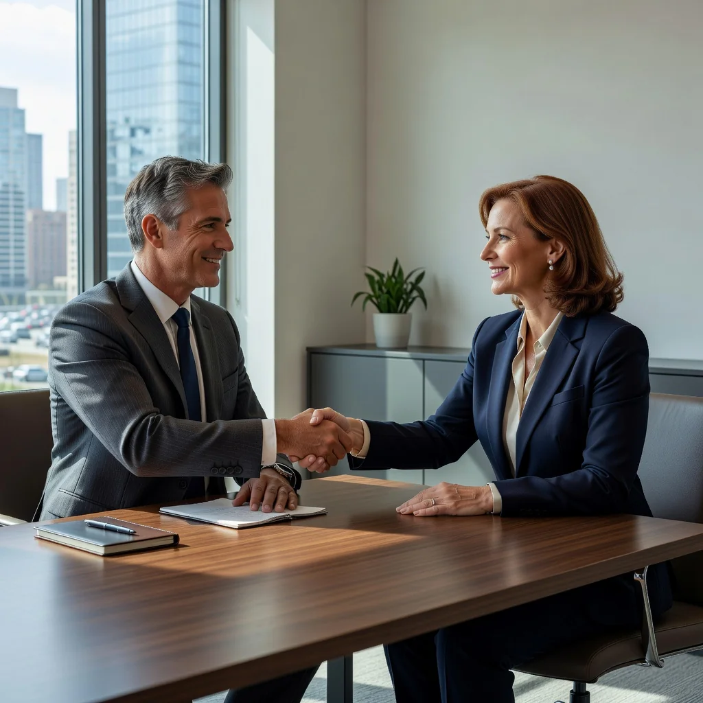 A photorealistic image depicting two professionals in a business setting shaking hands across a table in a modern conference room, symbolizing agreement and resolution in a dispute through mediation. The atmosphere is calm and positive, with natural light filtering through windows, emphasizing harmony and mutual understanding. No children are present in the image.