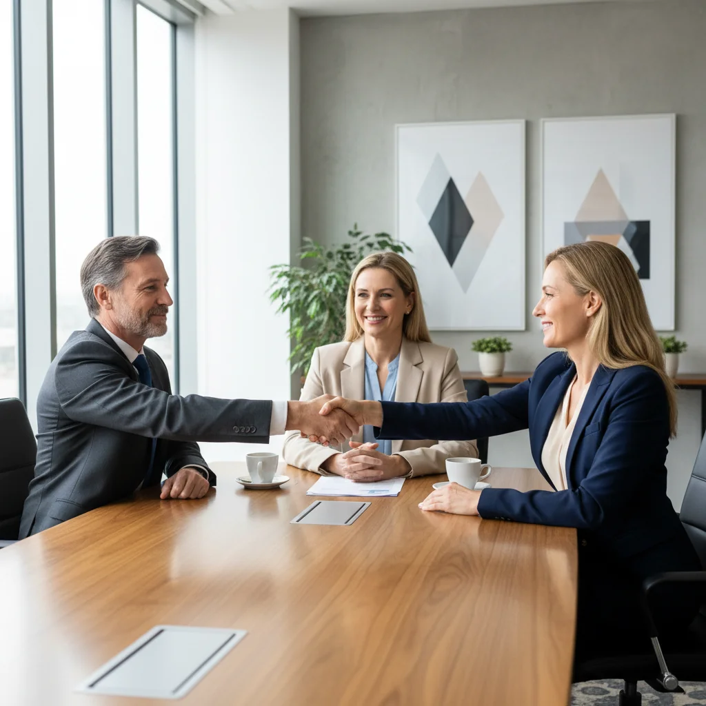 A photorealistic image depicting two adults in a professional setting engaged in mediation, shaking hands across a table with a neutral mediator present, symbolizing conflict resolution and agreement. The scene conveys harmony, understanding, and resolution without any legal documents visible.