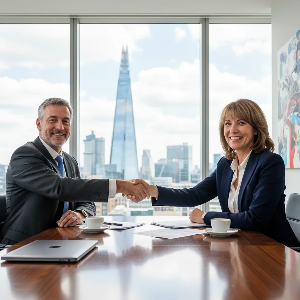 A photorealistic image of two professional adults, a man and a woman in business attire, shaking hands across a conference table in a modern office setting, symbolizing agreement and successful mediation under UK law, with a subtle Union Jack flag in the background for a British context.