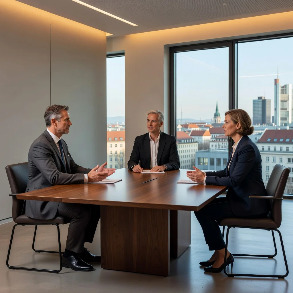 A professional mediation session in a modern German office, showing two adults in business attire sitting across a table from a neutral mediator, engaged in calm discussion with hand gestures indicating dialogue, soft natural light from windows, emphasizing resolution and agreement without any documents visible.