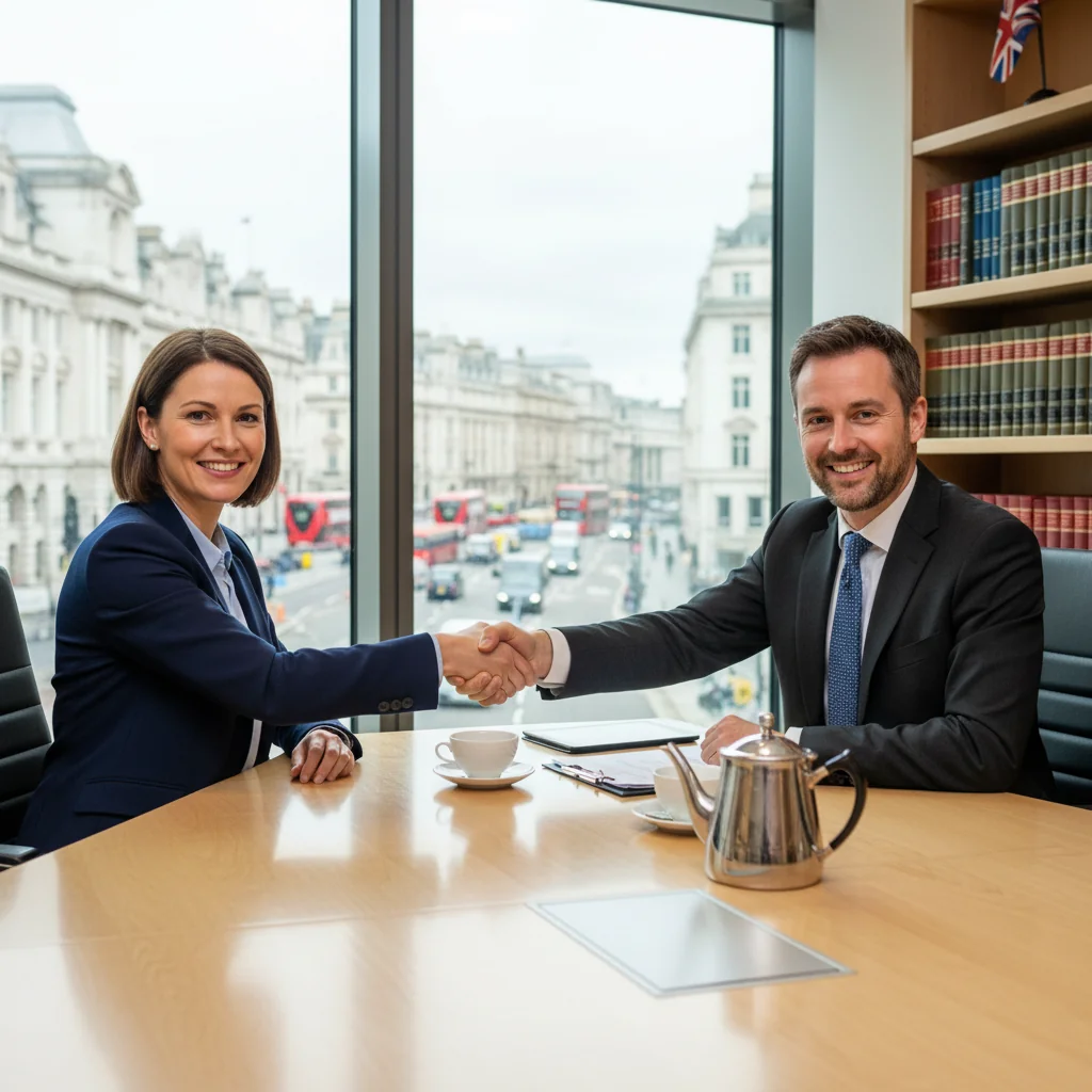A photorealistic image depicting two adults engaged in a peaceful mediation session in a professional UK setting, such as a modern office or conference room, symbolizing agreement and resolution without focusing on documents. The scene shows diverse adults in business attire discussing calmly at a table with subtle UK elements like a Union Jack flag or London skyline in the background.