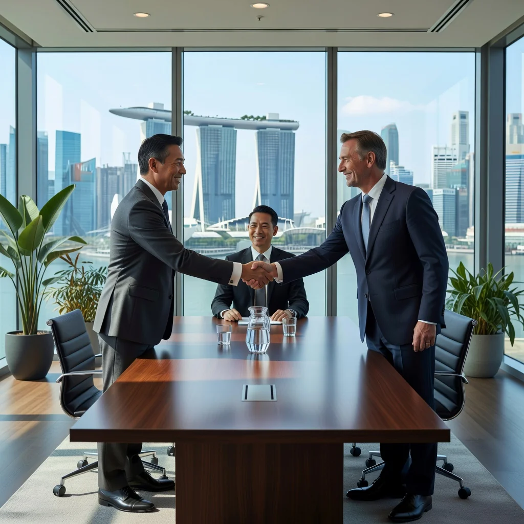 A photorealistic image depicting a professional mediation session in a modern Singapore office, showing two diverse adults shaking hands in agreement across a conference table, with a neutral mediator facilitating, symbolizing successful dispute resolution without focusing on any legal documents.
