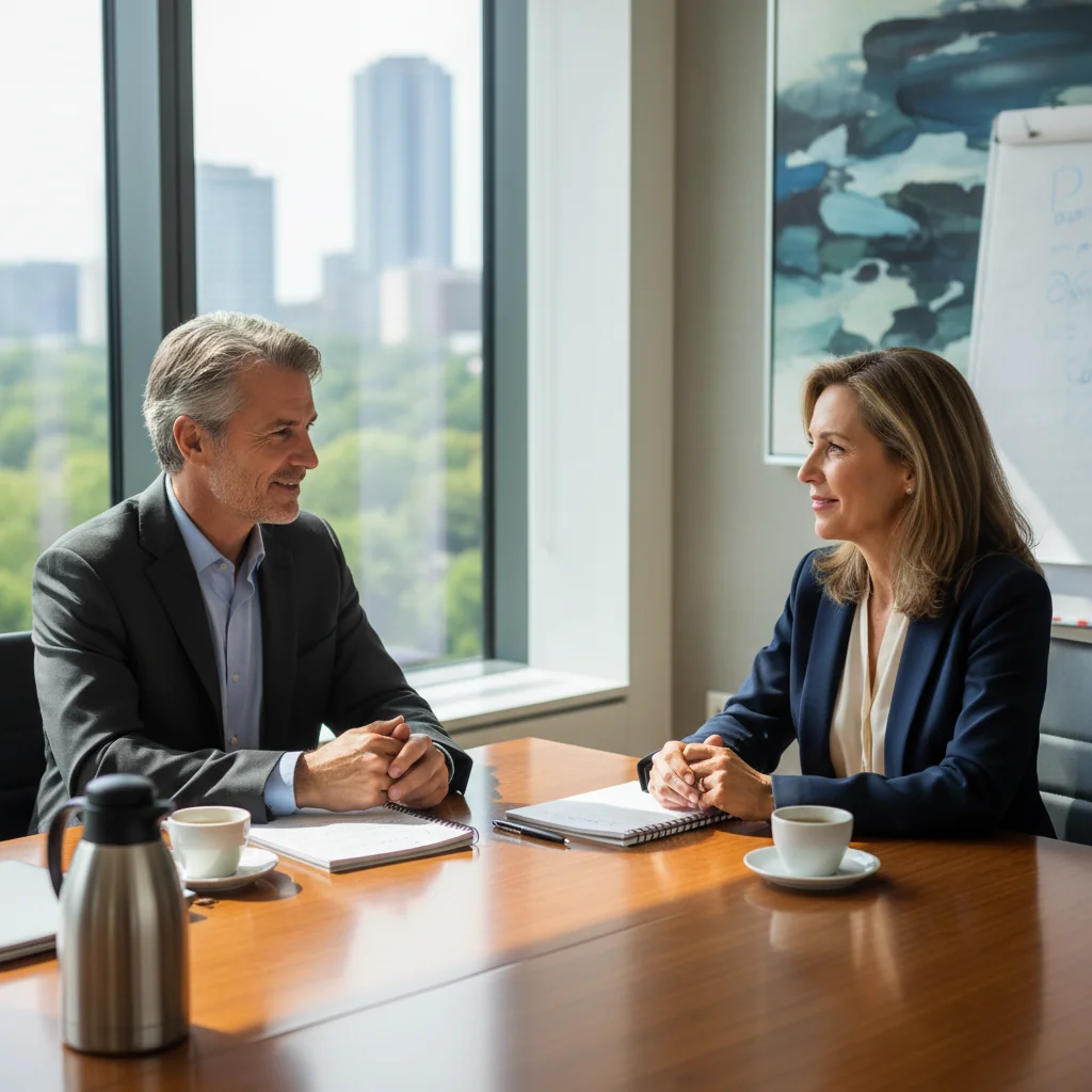 A photorealistic image depicting two adults in a professional setting engaged in mediation, symbolizing resolution and agreement in legal disputes, with a neutral background like a conference room to represent the purpose of mediation agreements in the United States.
