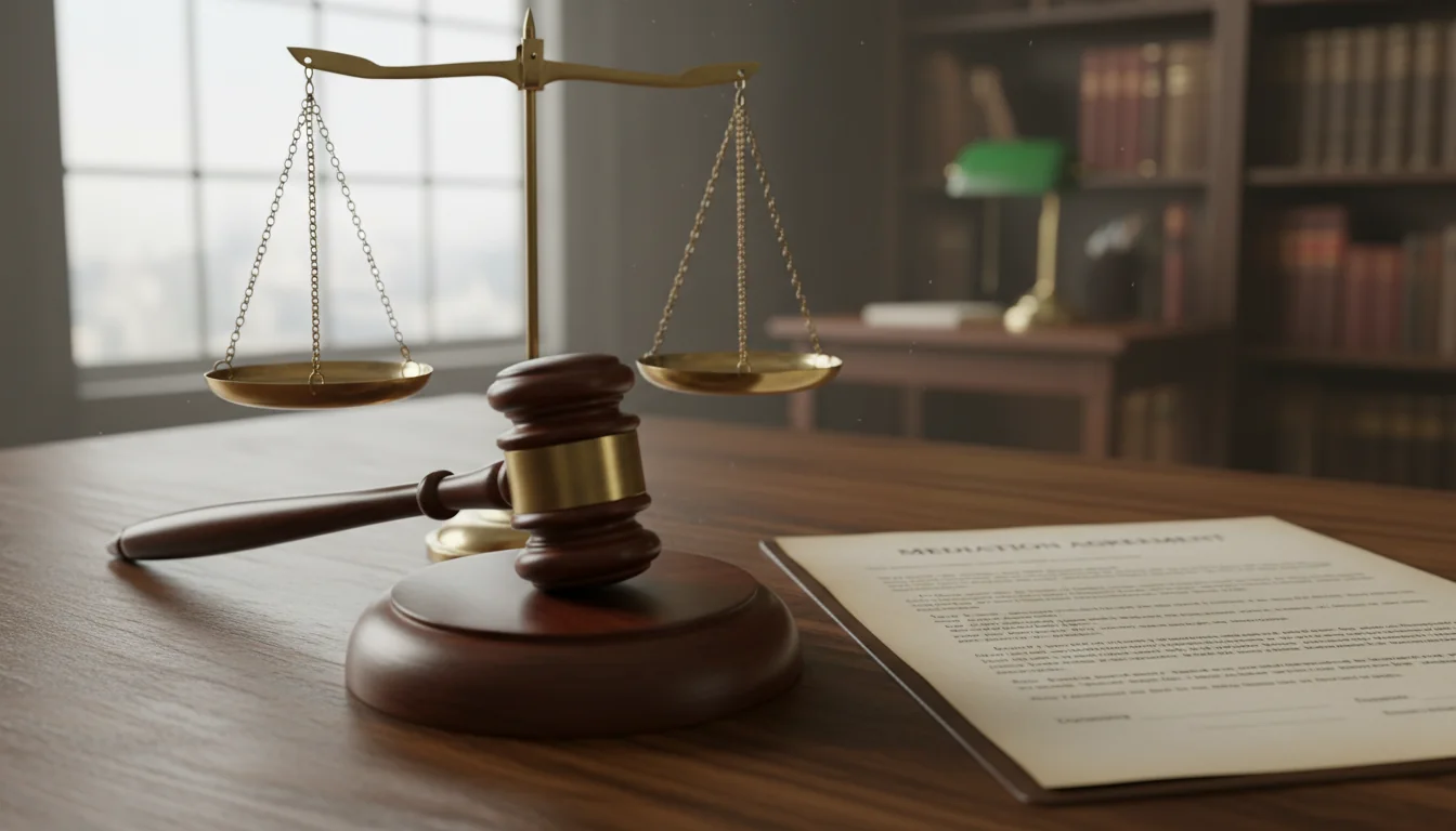 Gavel and scales beside mediation contract