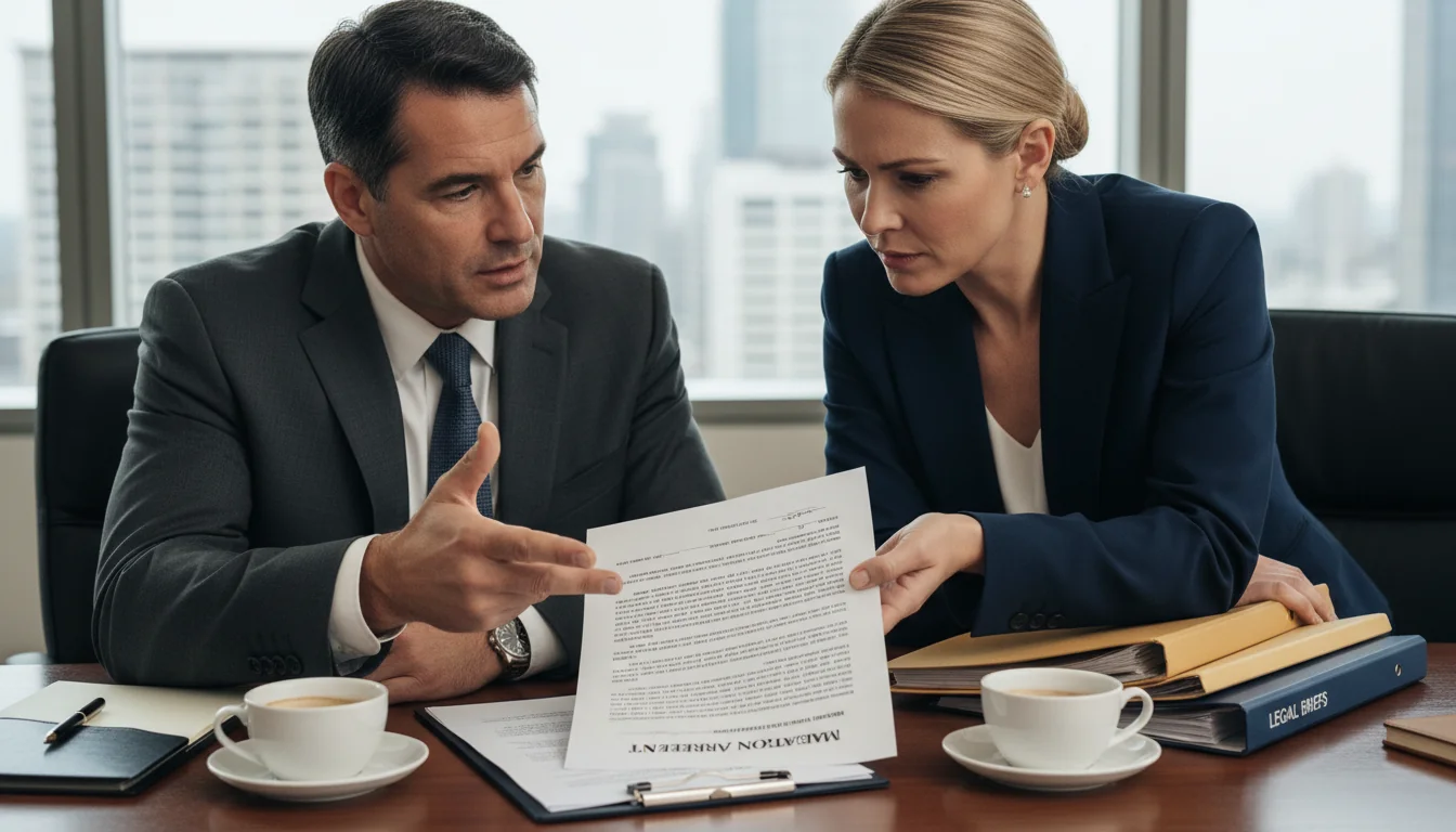 Lawyers discussing agreement in meeting room