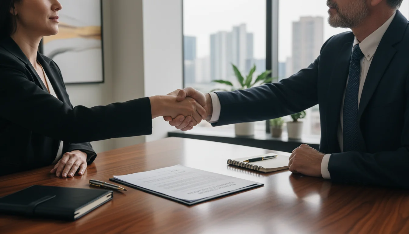 Two adults shaking hands over legal documents