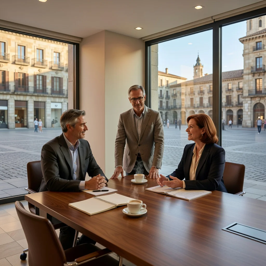 A photorealistic image depicting a peaceful mediation session in a modern Spanish law office, with two adults engaged in calm discussion across a table, a mediator facilitating, warm natural light from windows overlooking a subtle Spanish cityscape, conveying resolution and harmony without any focus on documents.