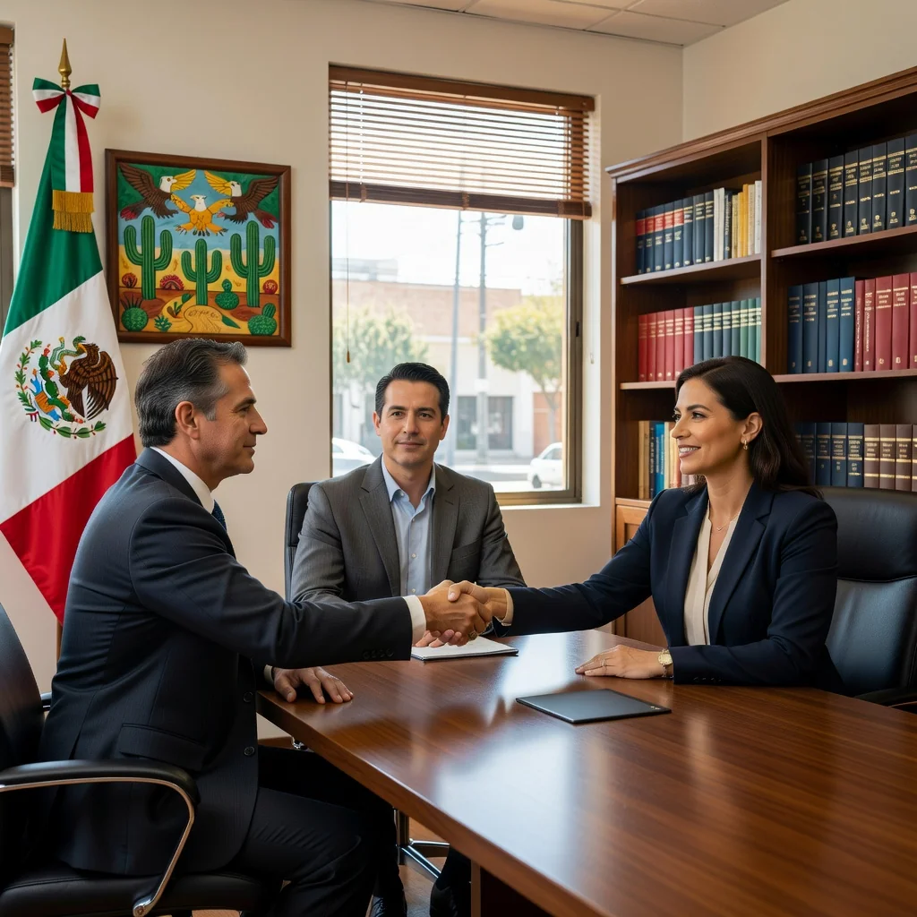 A photorealistic image depicting a professional mediation session in a modern Mexican law office, showing two adults engaged in a calm discussion with a mediator, symbolizing the purpose of Convenio de Mediación legal agreements for resolving disputes amicably.