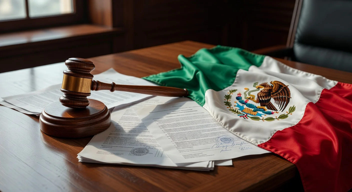 Gavel and Mexican flag with legal papers