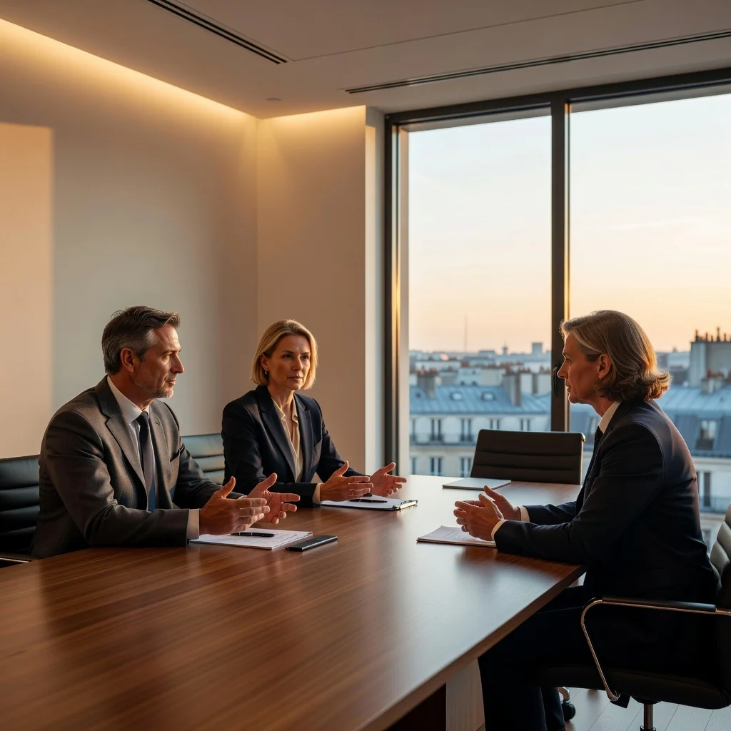 A professional mediation session in a modern French office, showing two adults in business attire seated across from a neutral mediator at a conference table, engaged in calm discussion with hand gestures indicating dialogue, soft natural light from a window overlooking Paris architecture in the background, conveying resolution and cooperation without any documents visible.