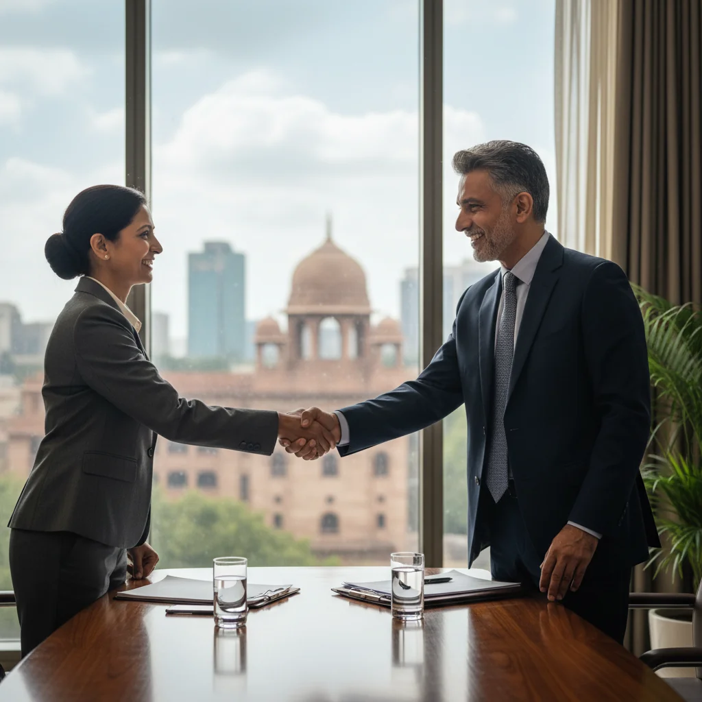 A photorealistic image of two professional adults in a modern conference room in India, shaking hands across a table after a successful mediation session, symbolizing agreement and resolution in arbitration, with subtle Indian cultural elements like a window view of an Indian cityscape, no documents visible, no children present.