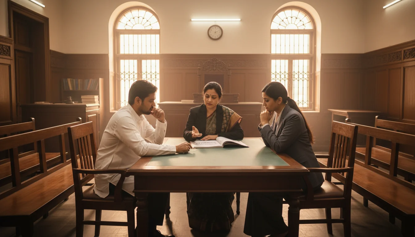 Courtroom mediation session illustration