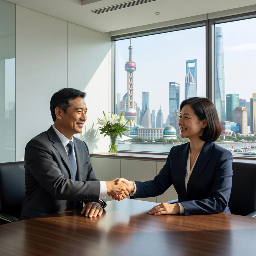 A photorealistic image of two adults in a professional setting in China, shaking hands amicably across a conference table in a modern office, symbolizing the successful mediation and agreement resolution process, with subtle Chinese cultural elements in the background like a city skyline view or traditional decor, no children present, highly detailed and realistic photography style.