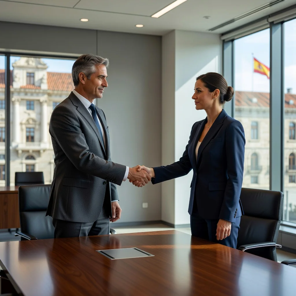 A photorealistic image representing the advantages of arbitral agreements over ordinary jurisdiction in Spain, showing a professional setting where two adults in business attire are shaking hands in a modern conference room, symbolizing efficient dispute resolution, with subtle Spanish elements like a flag or architecture in the background.