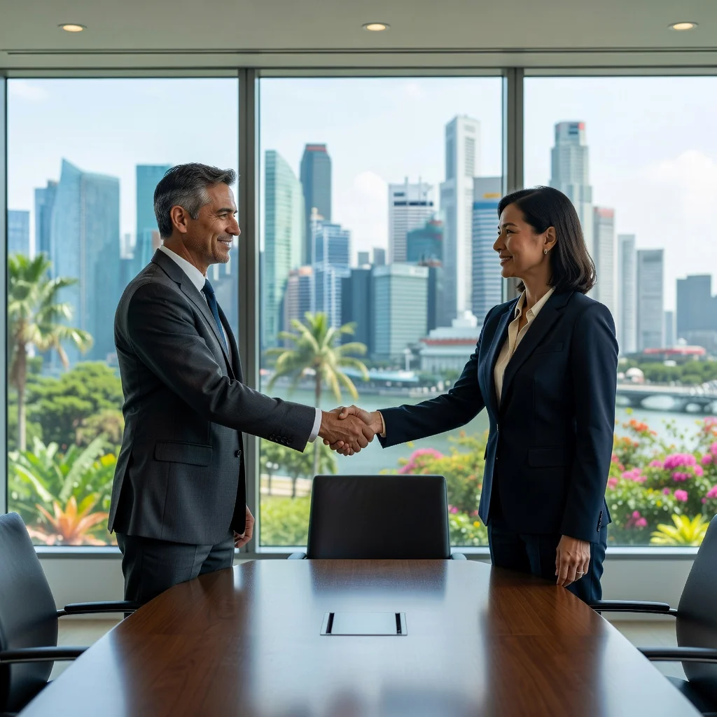 A photorealistic image depicting two professional adults in a modern Singapore office setting, shaking hands across a conference table to symbolize agreement and resolution in arbitration, with subtle Singapore skyline visible through large windows in the background, conveying trust, collaboration, and dispute resolution without any legal documents shown.