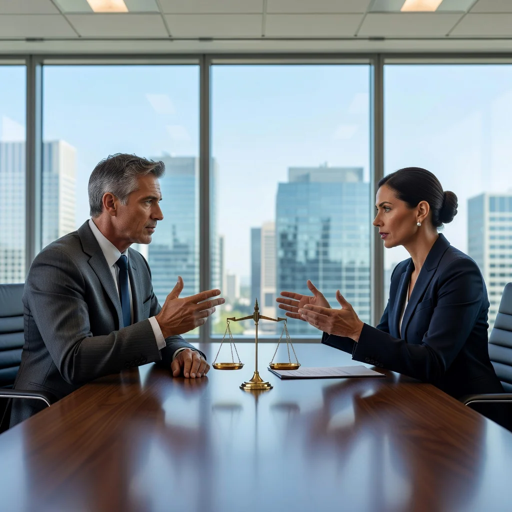 A photorealistic image of two diverse adult professionals in a modern conference room, engaged in a serious discussion about arbitration, with subtle elements like a gavel or balanced scales in the background, symbolizing legal considerations and challenges in US arbitration agreements. No children present.