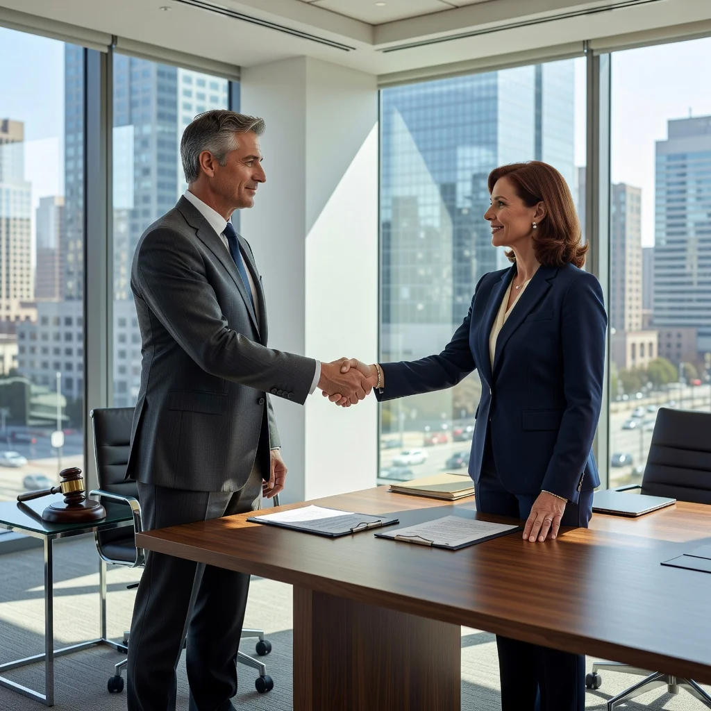 A photorealistic image depicting two professional adults in a modern conference room shaking hands across a table, symbolizing agreement and resolution in arbitration, with subtle legal elements like a gavel in the background but no documents visible, conveying trust and collaboration in a business context.