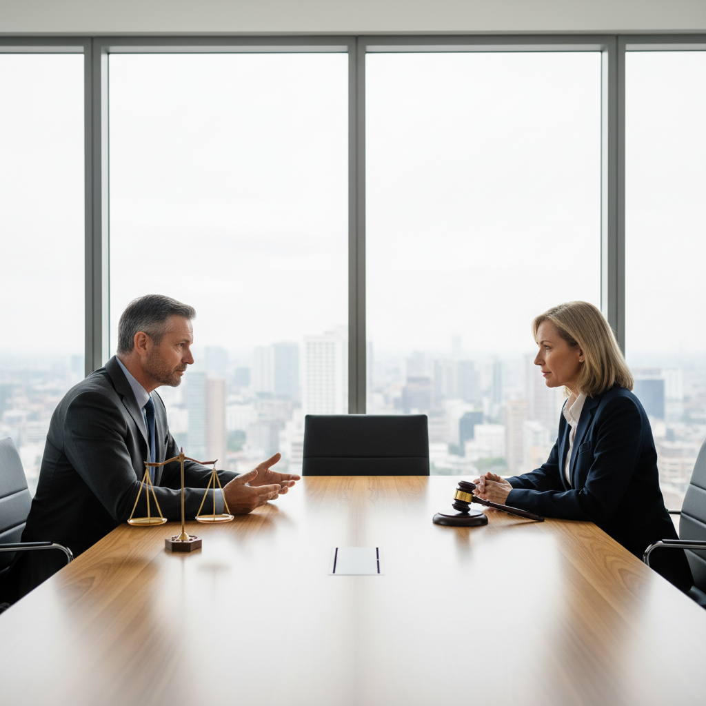 A photorealistic image depicting two professional adults in business attire seated across a polished wooden table in a modern conference room. One represents arbitration with a subtle balanced scale symbol in the background, the other represents court proceedings with a gavel nearby. They are engaged in a constructive discussion, symbolizing the comparison of advantages and disadvantages between arbitration agreements and court procedures. The atmosphere is professional and contemplative, with natural light streaming through large windows.