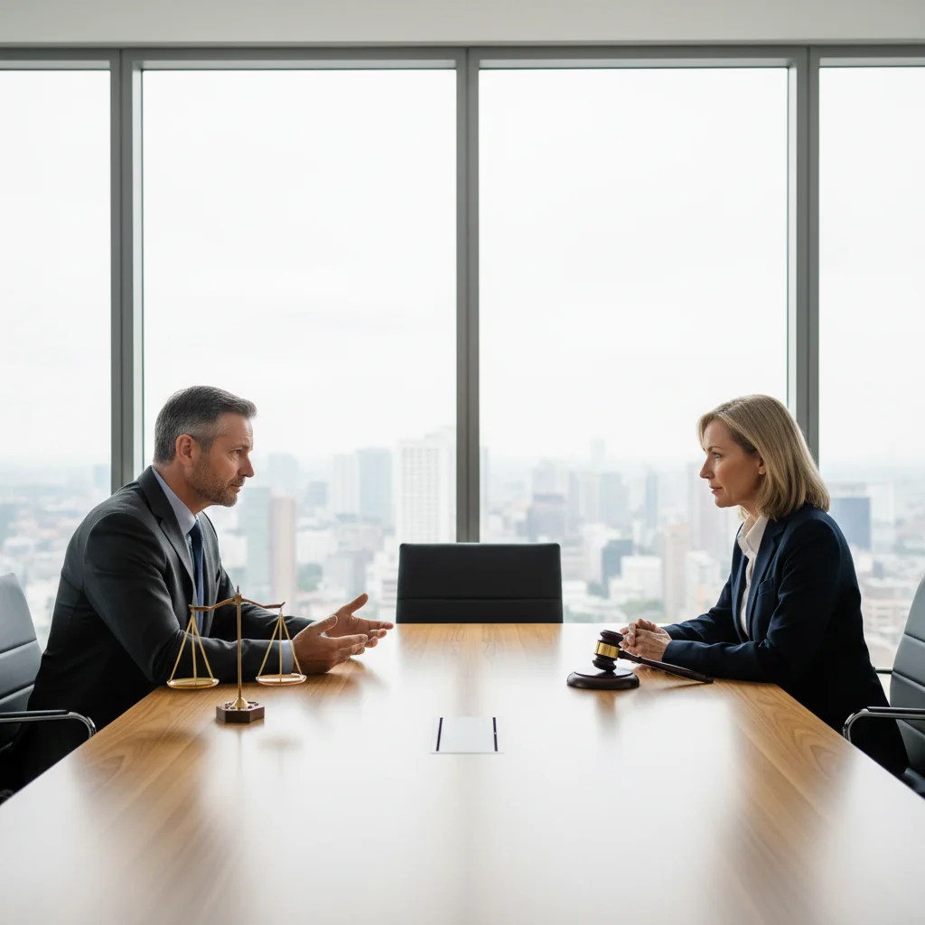 A photorealistic image depicting two professional adults in business attire seated across a polished wooden table in a modern conference room. One represents arbitration with a subtle balanced scale symbol in the background, the other represents court proceedings with a gavel nearby. They are engaged in a constructive discussion, symbolizing the comparison of advantages and disadvantages between arbitration agreements and court procedures. The atmosphere is professional and contemplative, with natural light streaming through large windows.