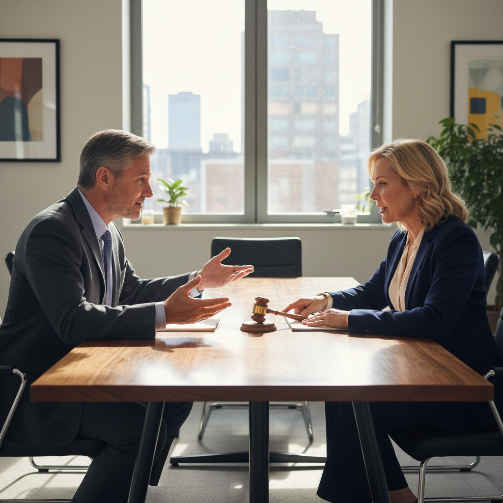 A photorealistic image of two professional adults, such as a lawyer and a business executive, engaged in a serious discussion across a conference table in a modern office, symbolizing negotiation and agreement in arbitration, with subtle elements like a handshake or a gavel in the background, conveying trust and resolution without showing any legal documents.