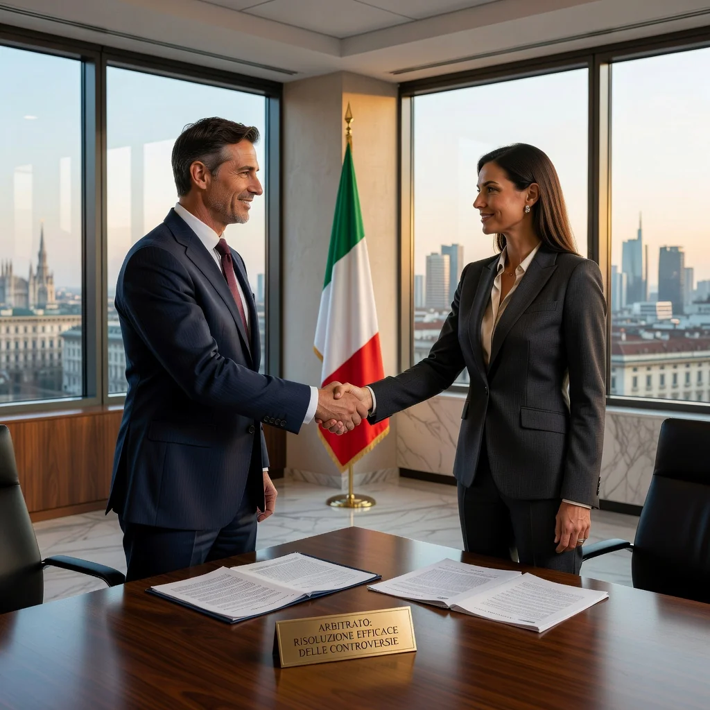 A photorealistic image of two professional adults, a man and a woman in business attire, shaking hands firmly across a polished conference table in a modern Italian office setting, with subtle Italian landmarks visible through large windows in the background, symbolizing agreement and resolution through arbitration, no children present, highly detailed and realistic photography style.