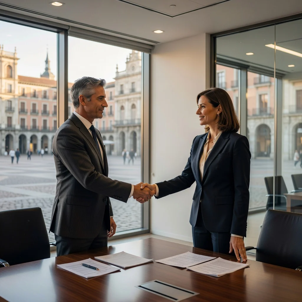 A photorealistic image depicting a professional arbitration meeting in Spain, showing two business professionals in suits shaking hands across a conference table in a modern office with subtle Spanish architectural elements like a window view of a historic building, symbolizing resolution and agreement in dispute settlement.