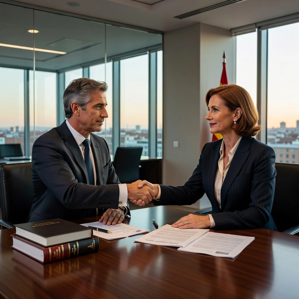 A photorealistic image of two professional adults, a lawyer and a business executive, engaged in a serious discussion over arbitration in a modern Spanish office setting, symbolizing the effective resolution of disputes through an arbitral agreement, with subtle Spanish architectural elements in the background, no children present.