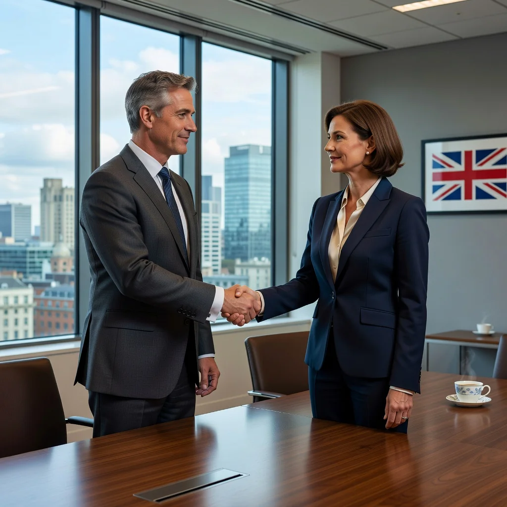 A photorealistic image of two professional adults, a man and a woman in business attire, shaking hands across a conference table in a modern UK office setting, symbolizing agreement and resolution in arbitration, with subtle UK elements like a Union Jack flag in the background, no children or legal documents visible.