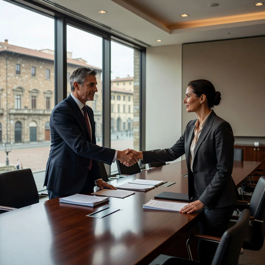 A photorealistic image depicting two professional adults, such as a lawyer and a business executive, engaged in a formal arbitration discussion in a modern Italian conference room with subtle Italian architectural elements like elegant columns or a view of a historic cityscape in the background, symbolizing dispute resolution through arbitration in Italy.