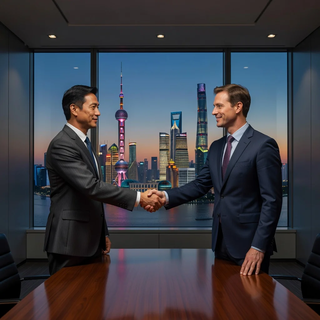 A photorealistic image of two professional adults, a Chinese business executive and a foreign partner, shaking hands firmly across a modern conference table in a sleek Shanghai office, symbolizing the successful drafting and agreement of an arbitration clause in a commercial contract, with subtle Chinese elements like a city skyline view through the window, conveying trust, resolution, and international business harmony in arbitration.