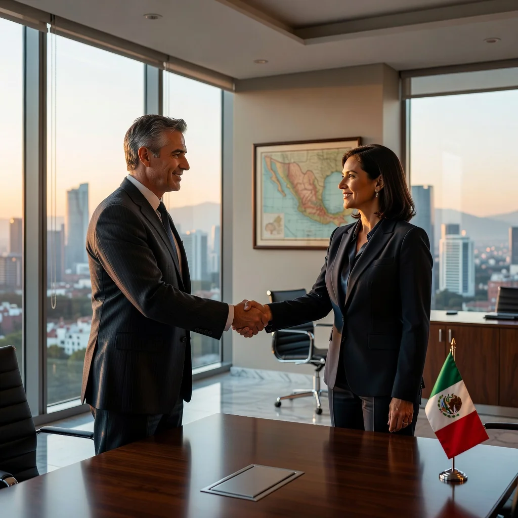 A photorealistic image of two professional adults, a lawyer and a business executive, shaking hands across a conference table in a modern Mexican office, symbolizing agreement and arbitration resolution, with subtle Mexican cultural elements like a flag or map in the background, conveying trust and legal harmony without showing any documents.