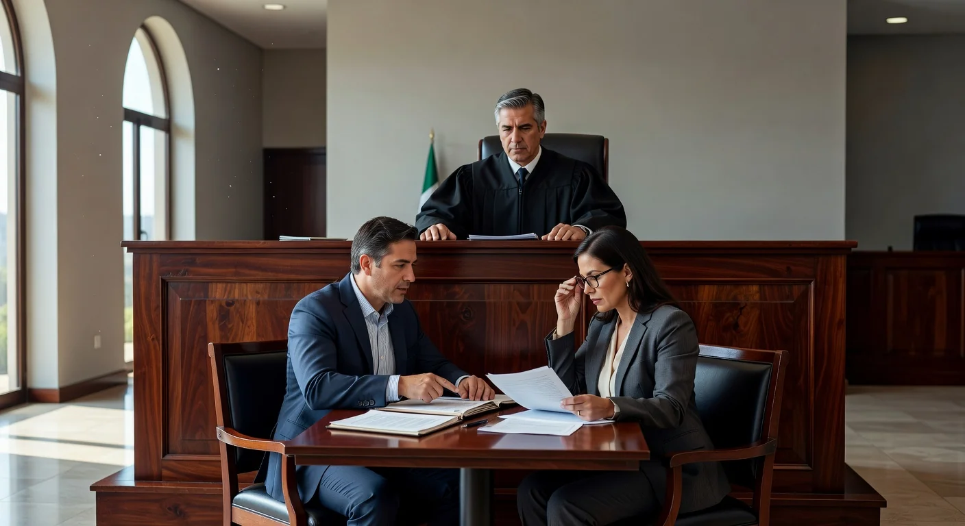 Mexican courtroom with judge and lawyers