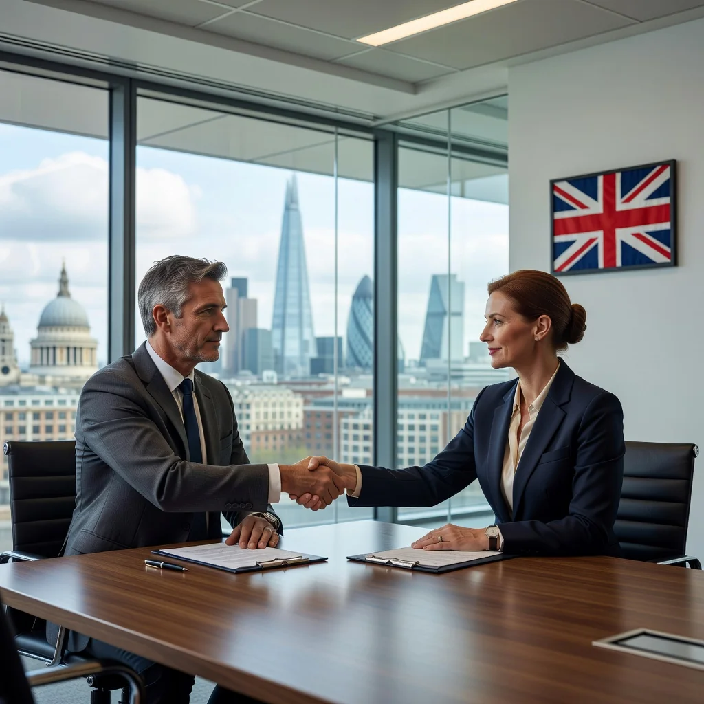 A photorealistic image representing the enforcement of arbitration agreements in the UK, showing two professional adults in a modern conference room shaking hands across a table, symbolizing agreement and resolution, with subtle UK elements like a Union Jack flag in the background, no children or documents visible.