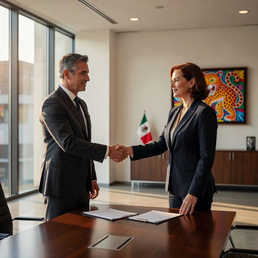A photorealistic image of two professional adults, a lawyer and a business executive, shaking hands firmly across a polished wooden conference table in a modern Mexican office setting, symbolizing a successful agreement and commitment through arbitration. The atmosphere is professional and confident, with subtle Mexican elements like a flag or cultural decor in the background. No children or minors are present in the image.