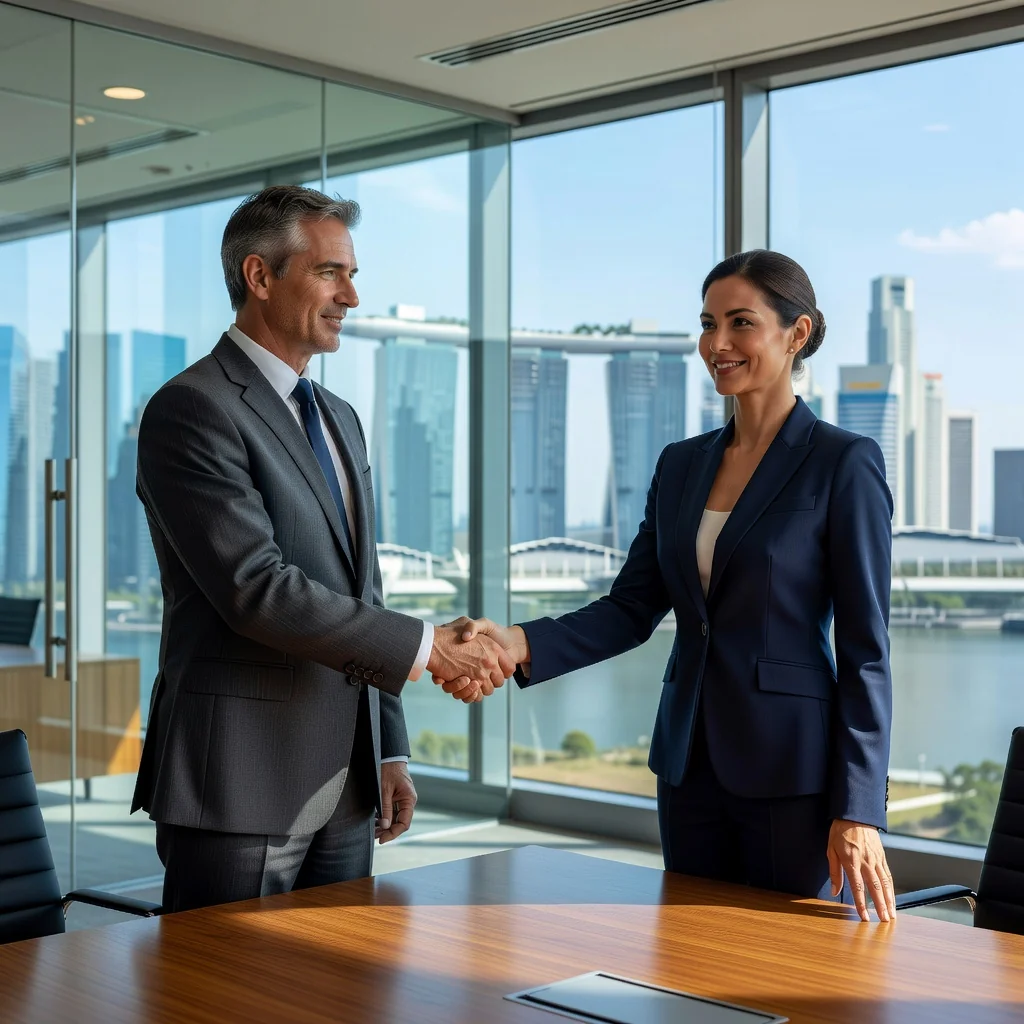 A photorealistic image of two professional adults, a man and a woman in business attire, shaking hands firmly across a conference table in a modern Singapore office setting. The background features subtle elements like the Singapore skyline through large windows, symbolizing agreement and resolution in arbitration under Singapore law. No legal documents are visible. The atmosphere is professional, confident, and collaborative.