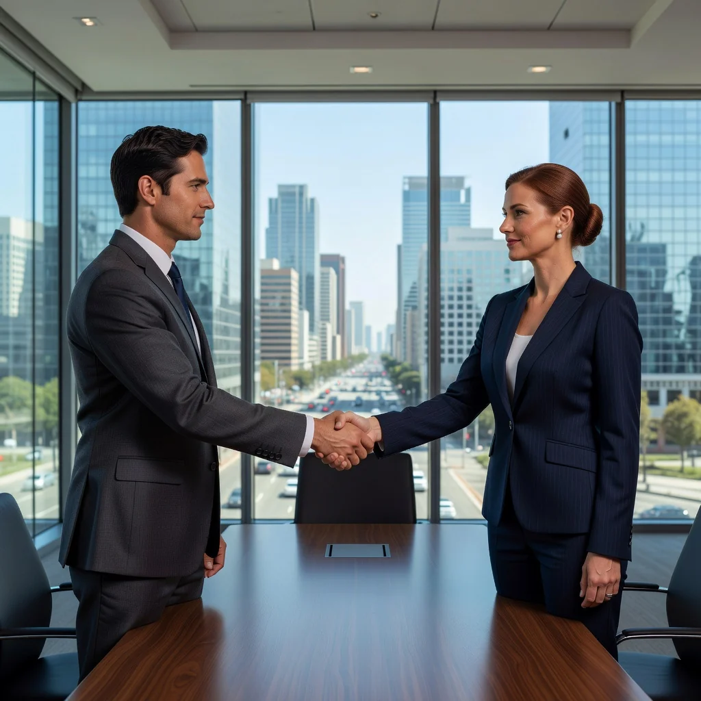 A photorealistic image of two professional business adults, a man and a woman in business attire, shaking hands across a conference table in a modern office setting, symbolizing a successful business agreement and partnership, with a city skyline visible through large windows in the background, conveying trust, negotiation, and resolution without any legal documents visible.