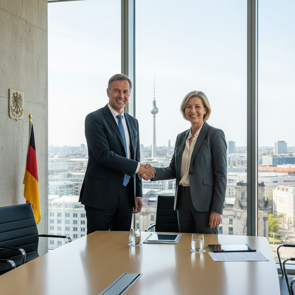 A photorealistic image of two professional adults in a modern conference room, shaking hands over a table to symbolize agreement and arbitration in a business dispute in Germany, with subtle German flags or Berlin skyline in the background, conveying trust and resolution without showing any documents.