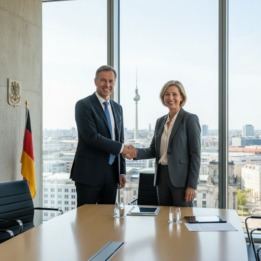 A photorealistic image of two professional adults in a modern conference room, shaking hands over a table to symbolize agreement and arbitration in a business dispute in Germany, with subtle German flags or Berlin skyline in the background, conveying trust and resolution without showing any documents.