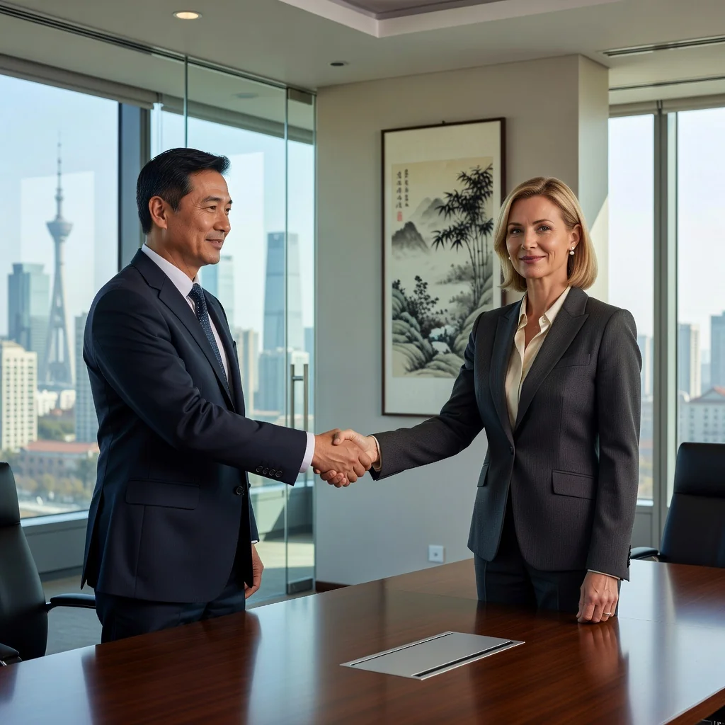 A photorealistic image symbolizing the legal foundation and importance of arbitration agreements in China, featuring two professional adults in a modern conference room shaking hands over a subtle negotiation table, with faint Chinese architectural elements in the background to evoke trust, resolution, and international business diplomacy.