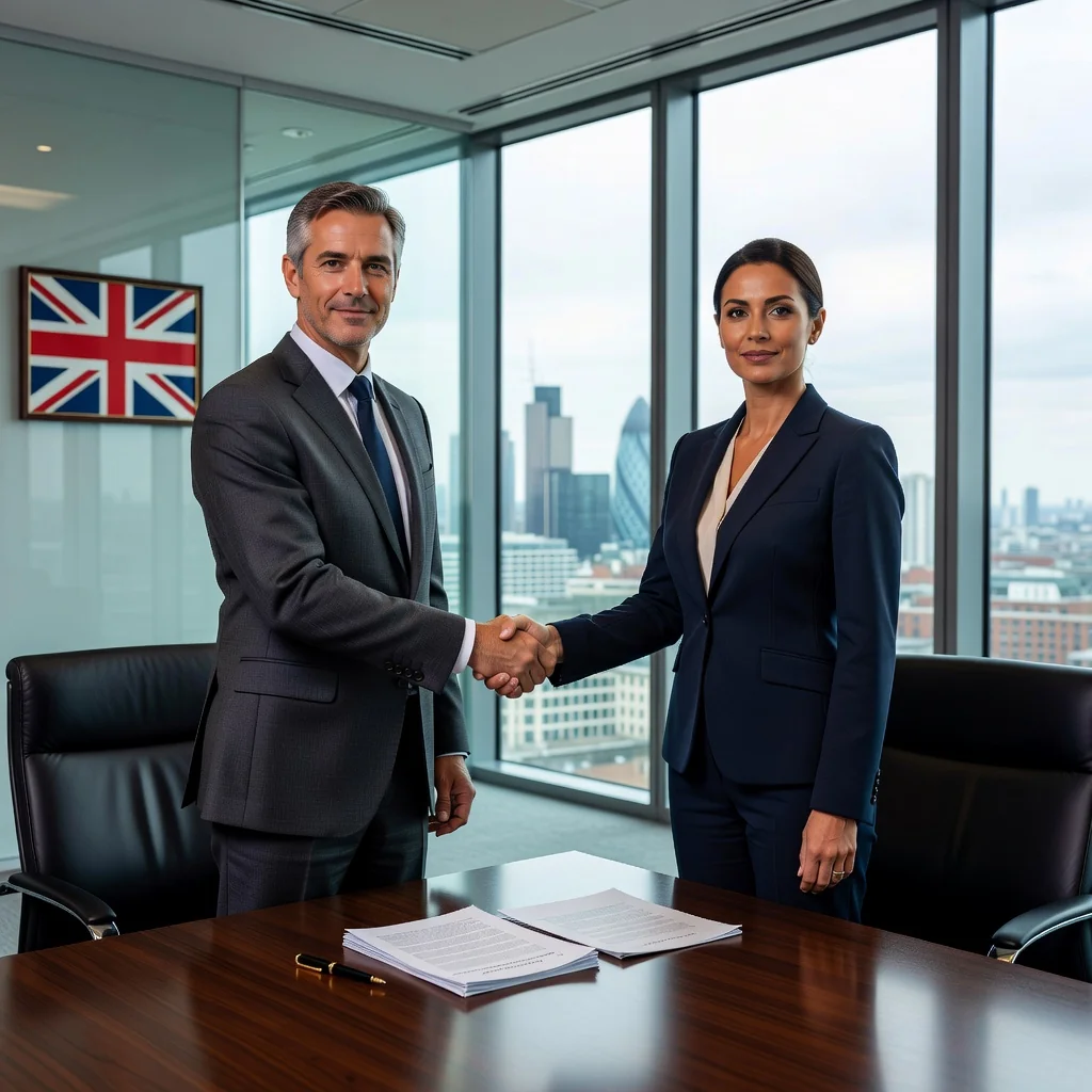 A photorealistic image representing the purpose of drafting an effective arbitration agreement under UK law, showing two professional adults in a modern conference room shaking hands after a successful negotiation, symbolizing dispute resolution and agreement, with a subtle Union Jack flag in the background to indicate UK context, no children present, highly detailed and realistic photography style.