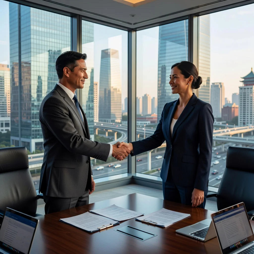 A photorealistic image of two professional businesspeople in a modern conference room in China, shaking hands over a table with subtle Chinese architectural elements in the background, symbolizing the resolution of disputes through arbitration, no children present.
