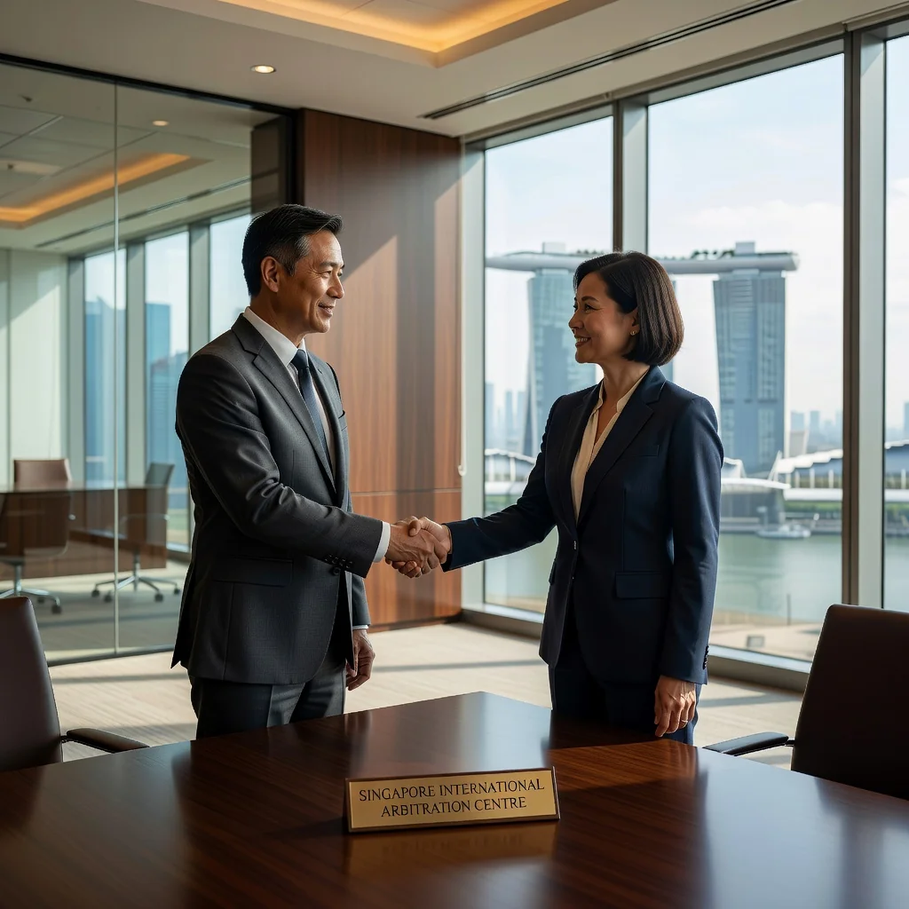 A photorealistic image depicting two professional adults in a modern Singapore office setting, shaking hands over a conference table with a subtle background view of the Singapore skyline through large windows, symbolizing agreement and enforcement in business arbitration. The atmosphere is professional and collaborative, emphasizing trust and resolution without any legal documents visible.