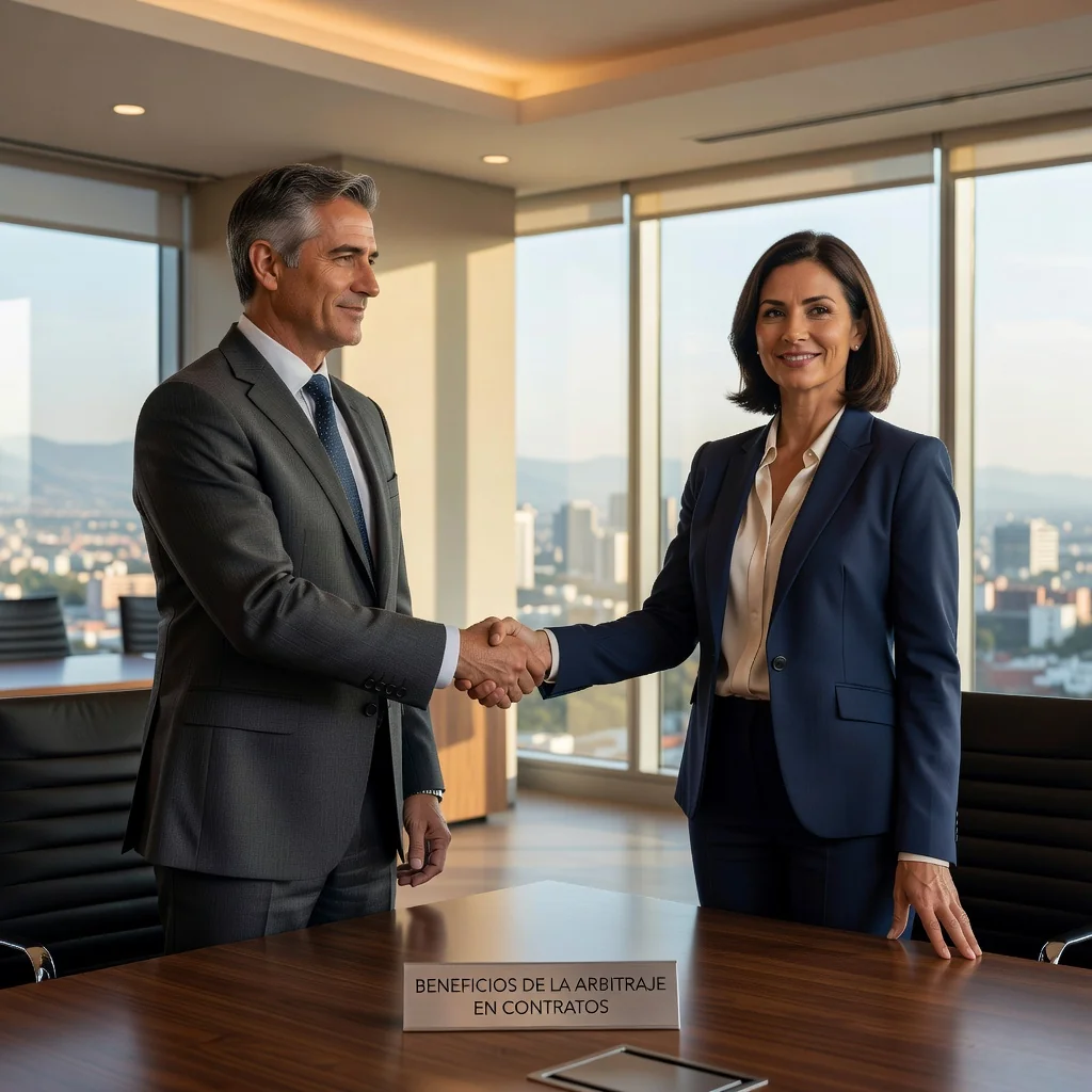 A photorealistic image of two professional adults in a modern Mexican office setting, shaking hands firmly across a conference table, symbolizing agreement and resolution through arbitration in a business contract. The scene conveys trust, collaboration, and legal assurance without showing any documents. No children are present. The image is highly detailed and realistic, as if captured by a professional camera.