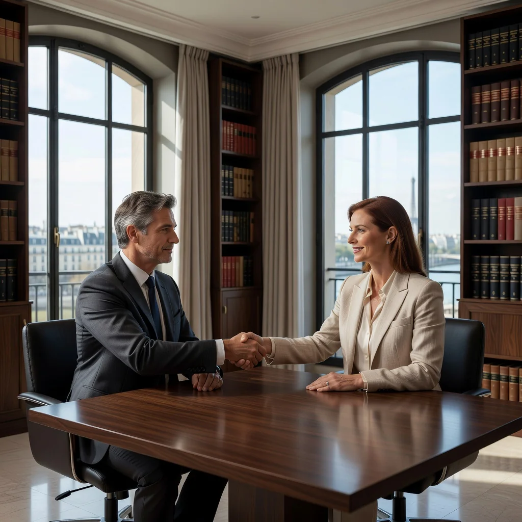 A photorealistic image of two professional adults, a lawyer and a business executive, engaged in a serious discussion at a modern conference table, symbolizing arbitration and dispute resolution in French law. The setting is a sleek office with French architectural elements in the background, conveying trust, negotiation, and legal principles. No children are present in the image.