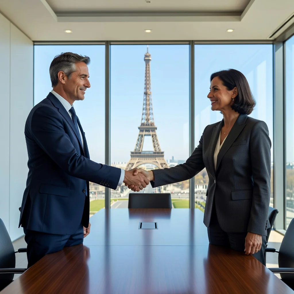 A photorealistic image symbolizing international arbitration in France, featuring two professional adults in business attire engaged in a formal discussion across a conference table in a modern Parisian office with the Eiffel Tower visible through the window, representing resolution and international agreement without showing any legal documents.